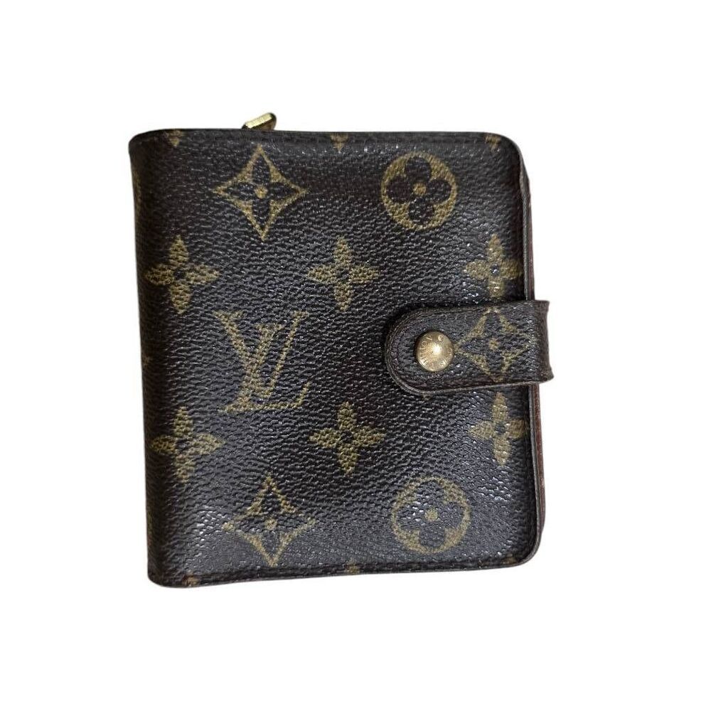Louis Vuitton Womens Brown Leather Monogram Canvas Bifold Compact Zipper Wallet